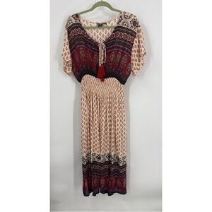 S.R fashion Bohemian floral Print tassel tie smocked waist Dress M